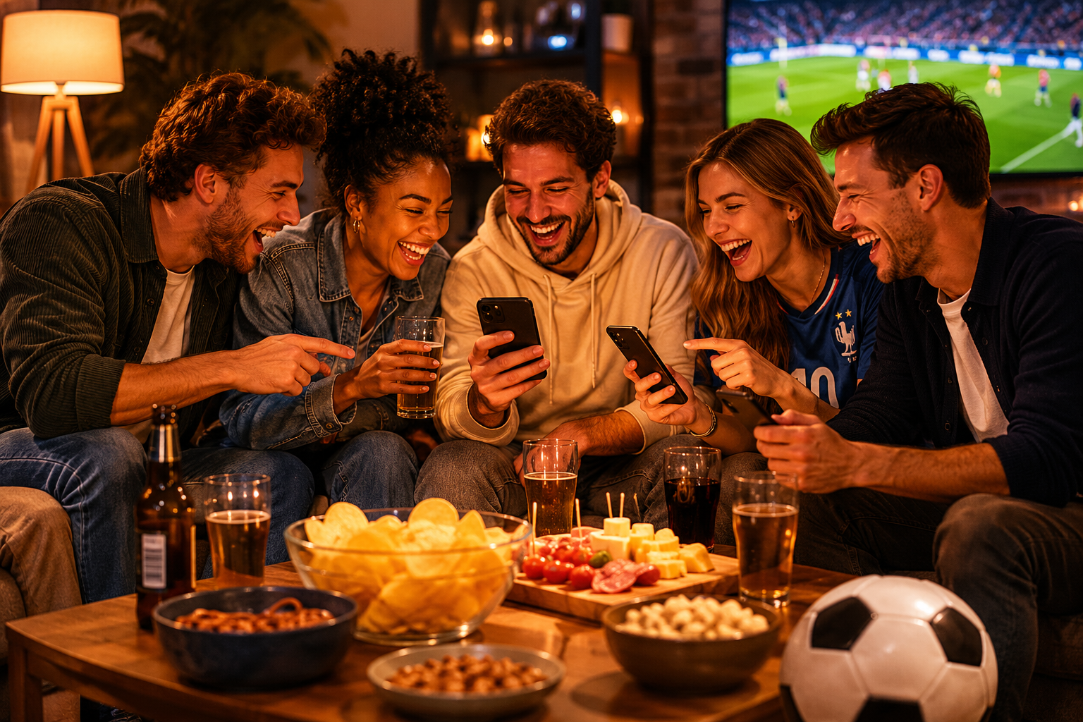 Amis qui regardent un match de foot avec joie